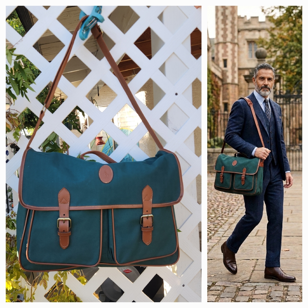 This item is a vintage green canvas messenger bag from Polo Ralph Lauren,